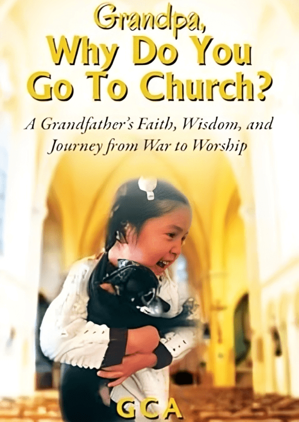 Child hugging dog in church setting.
