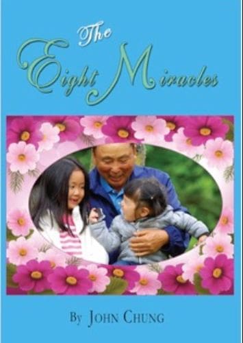 Cover of the book 'Eight Miracles' featuring a grandfather and two children surrounded by pink flowers.